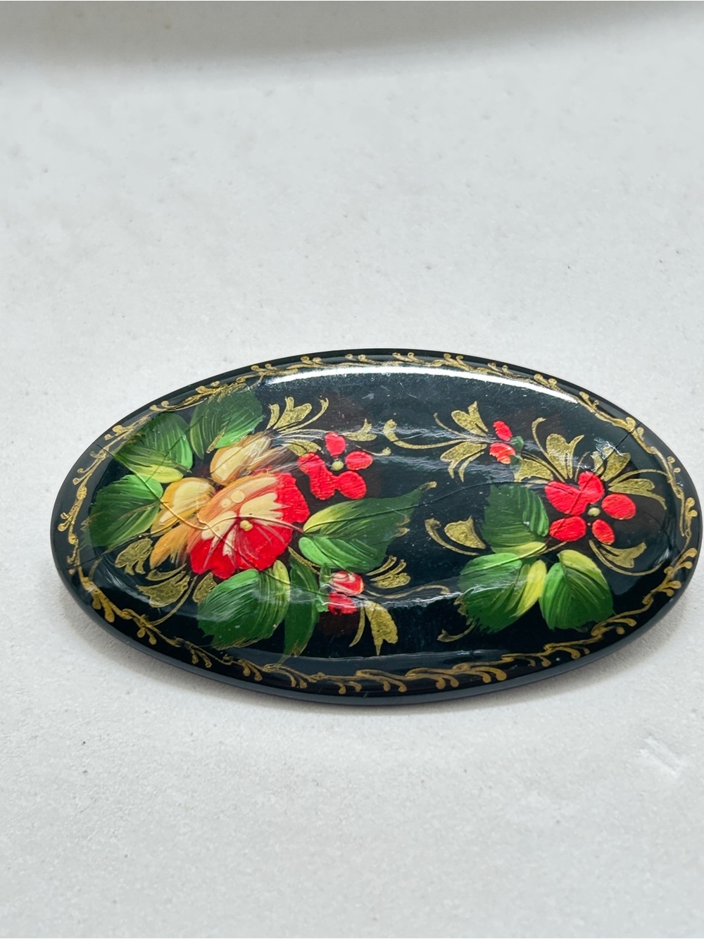 Vintage, Signed, Tole Painted Floral Brooch, 1992